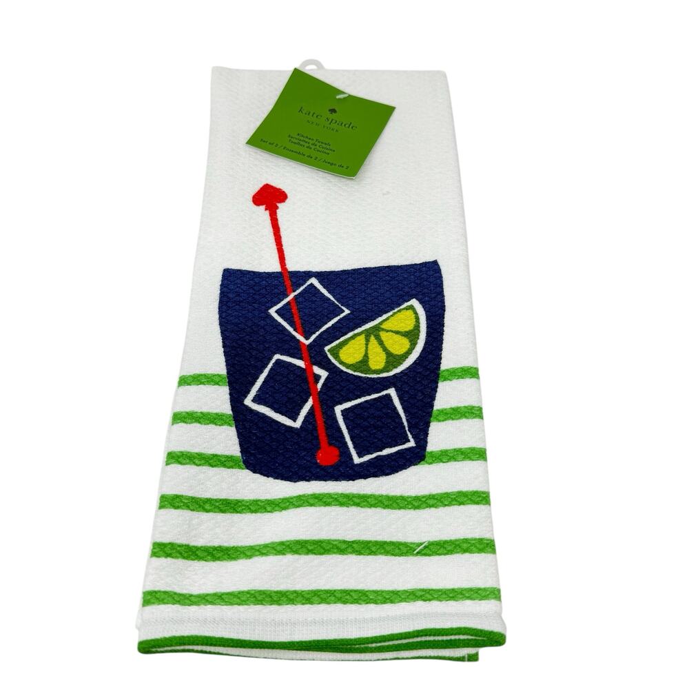 Kate Spade Set Of 2 White Green Striped Cocktail Novelty Cotton Kitchen Towels